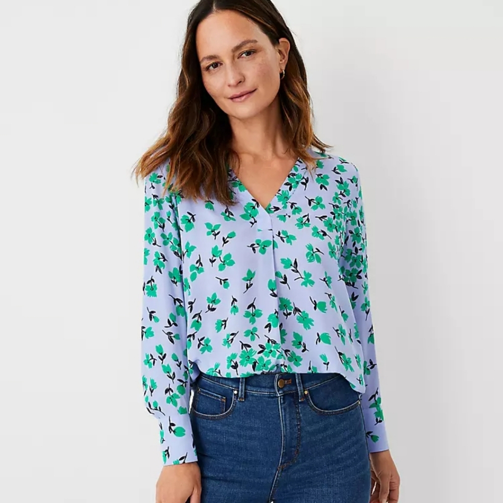 Ann Taylor Floral Mixed Media Pleat Front V-Neck Blouse - Green and Blue